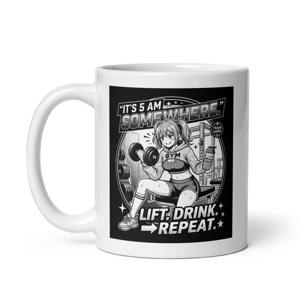 It's 5AM Somewhere White Glossy Ceramic Mug 15 oz Manga Inspired Design for Gym Lovers Lift Drink Repeat Motivation Gift