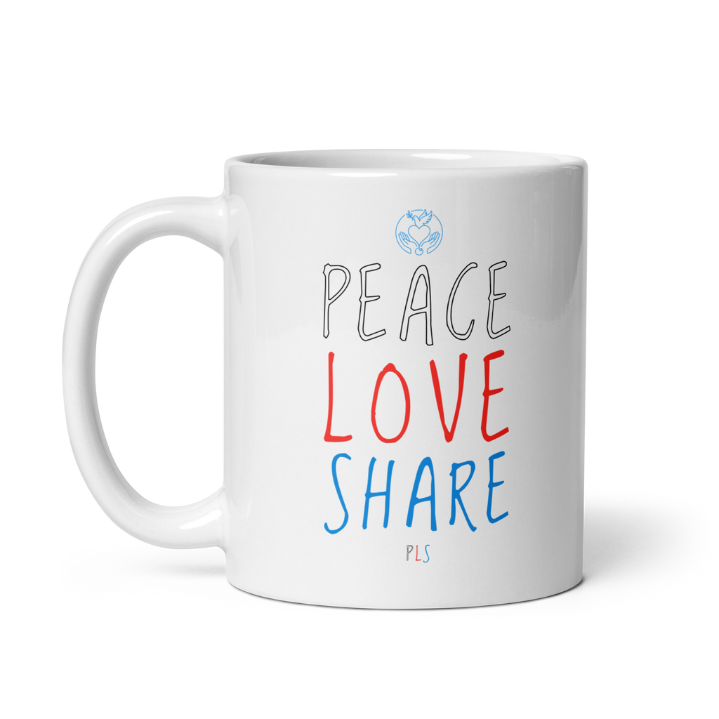 PLS. Peace, Love, Share. White glossy mug