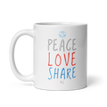PLS. Peace, Love, Share. White glossy mug