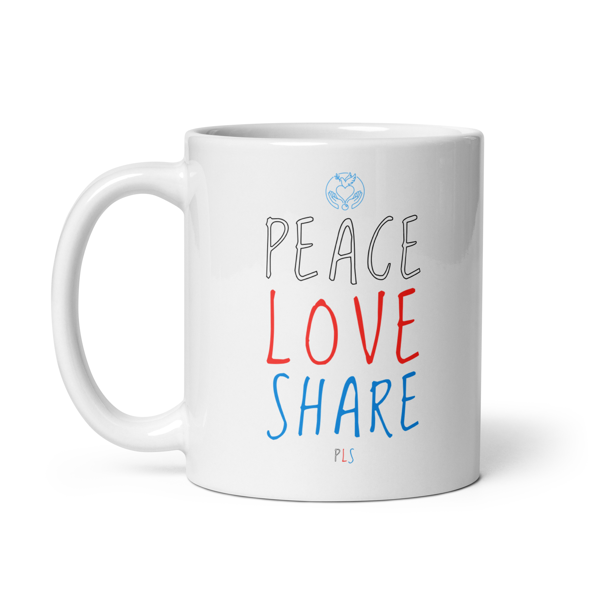 PLS. Peace, Love, Share. White glossy mug