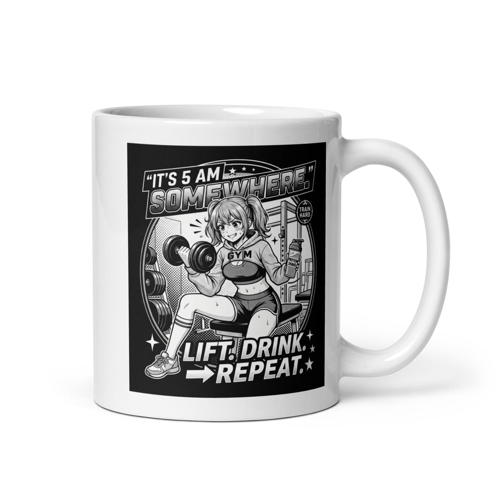 It's 5AM Somewhere White Glossy Ceramic Mug 15 oz Manga Inspired Design for Gym Lovers Lift Drink Repeat Motivation Gift