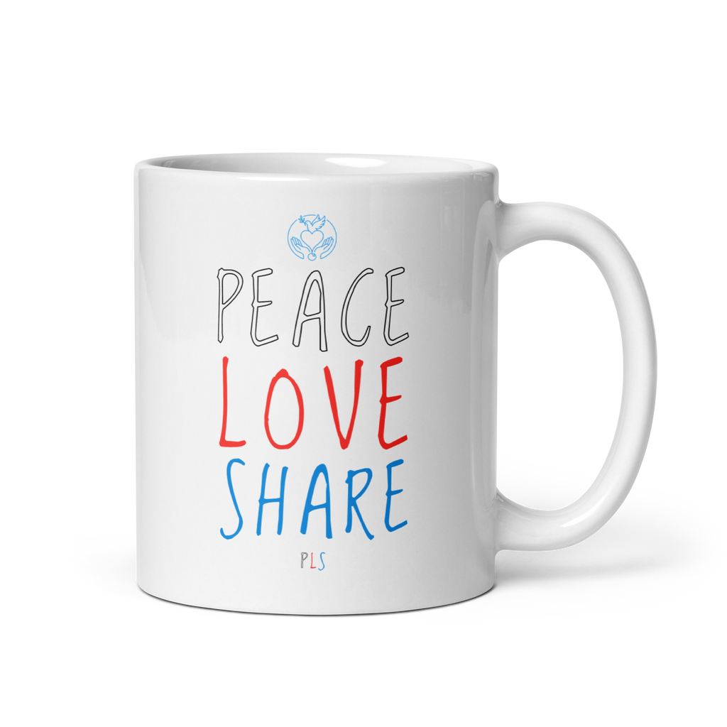 PLS. Peace, Love, Share. White glossy mug