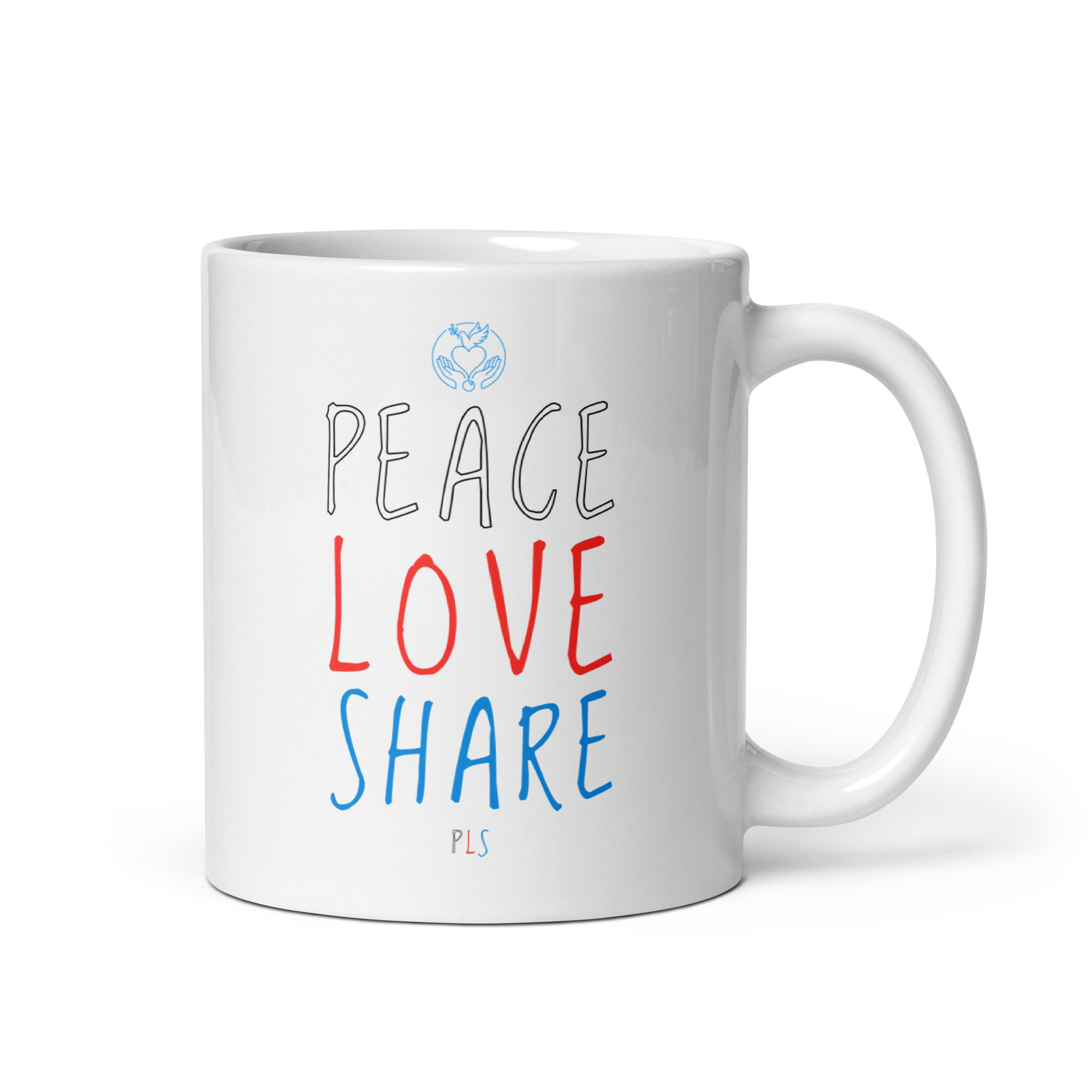PLS. Peace, Love, Share. White glossy mug