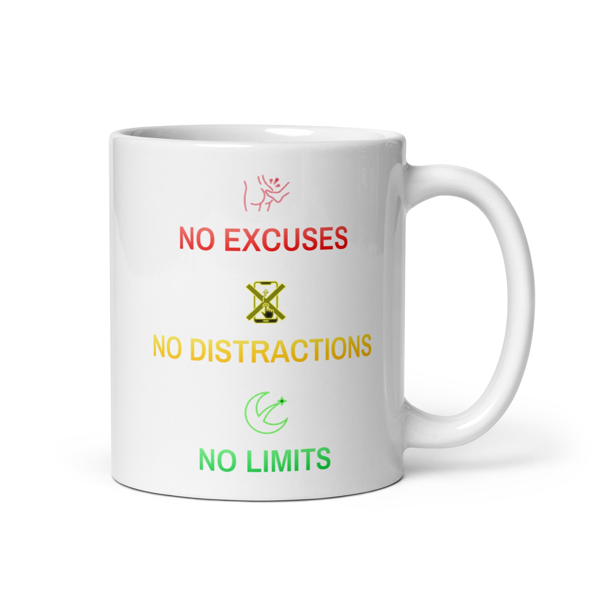 No Excuses, No Distractions, No Limits white glossy ceramic mug