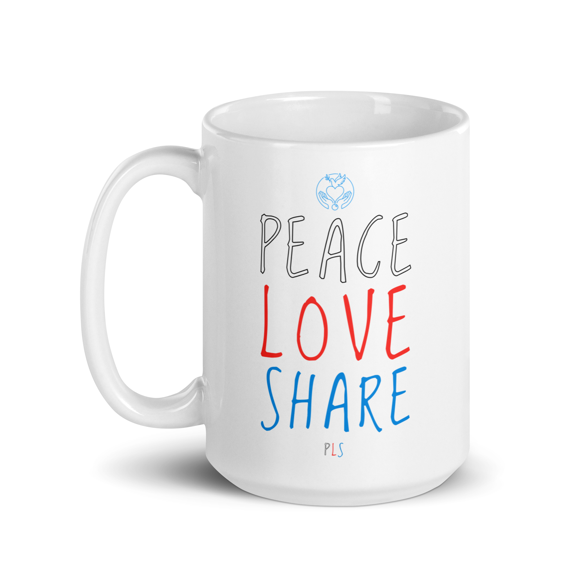 PLS. Peace, Love, Share. White glossy mug