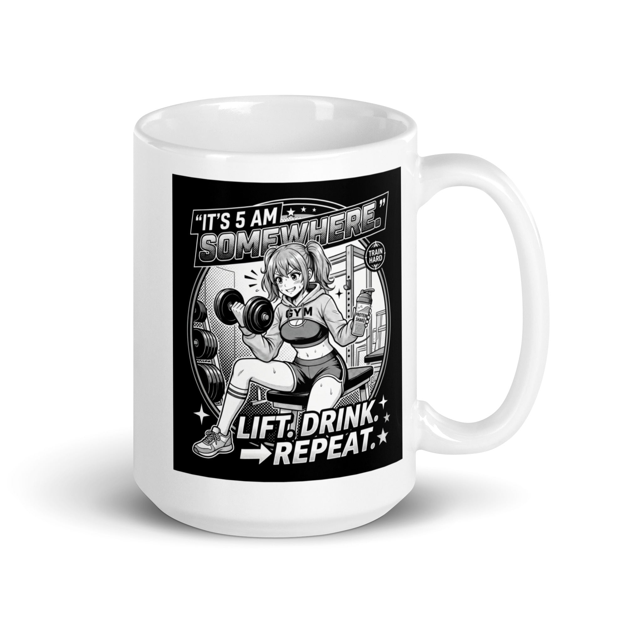 It's 5AM Somewhere White Glossy Ceramic Mug 15 oz Manga Inspired Design for Gym Lovers Lift Drink Repeat Motivation Gift