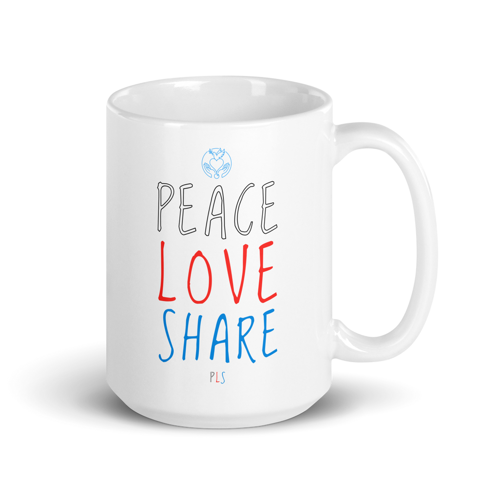 PLS. Peace, Love, Share. White glossy mug