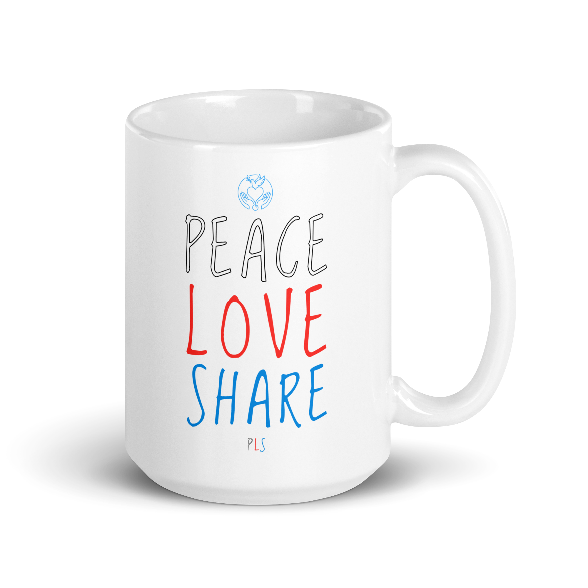 PLS. Peace, Love, Share. White glossy mug
