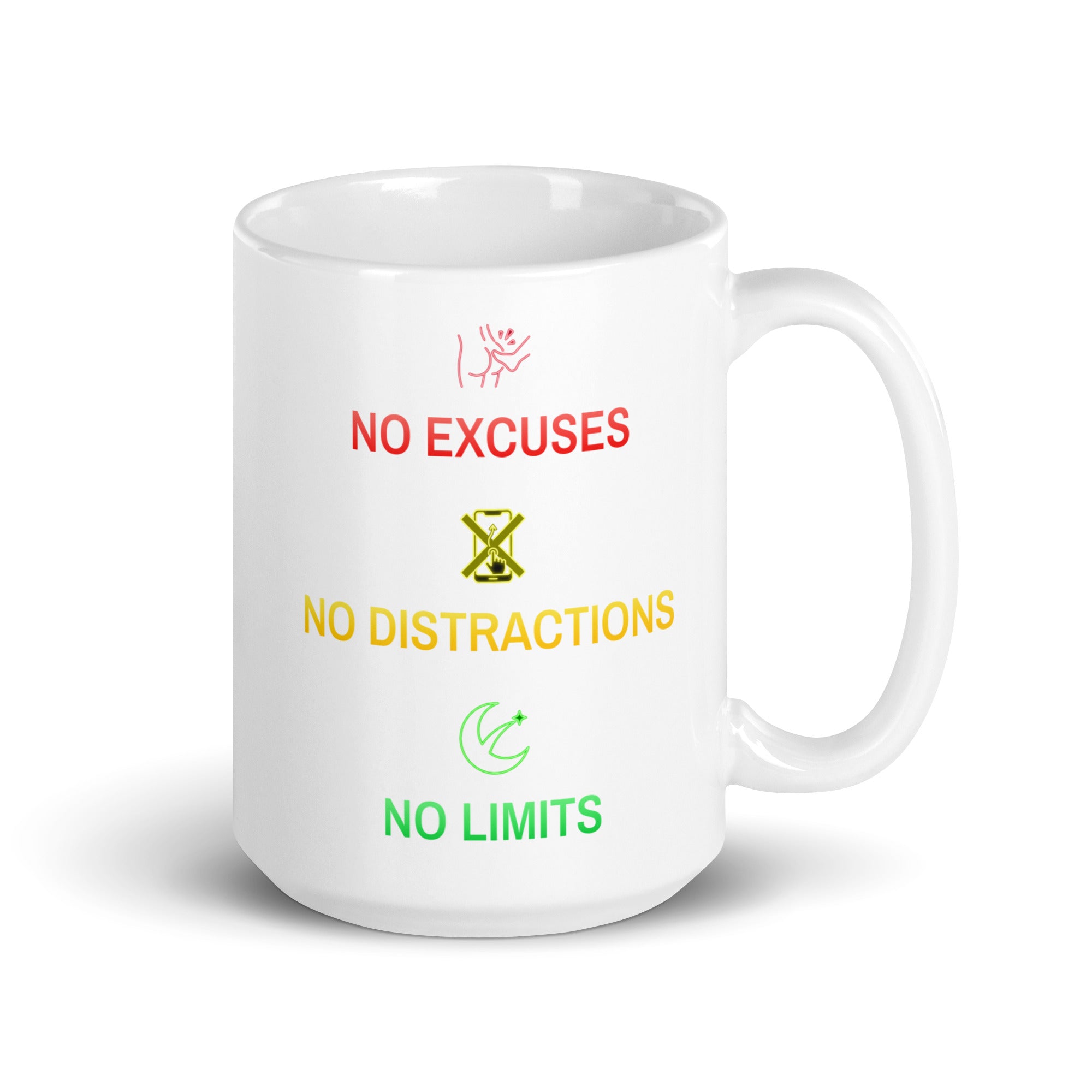 No Excuses, No Distractions, No Limits white glossy ceramic mug