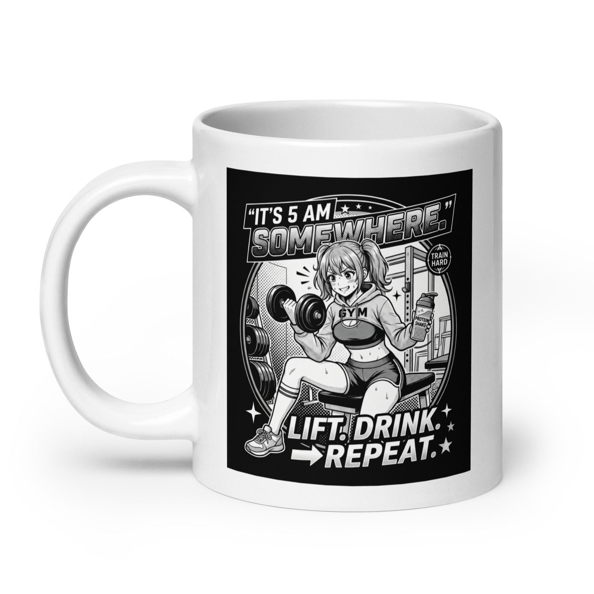 It's 5AM Somewhere White Glossy Ceramic Mug 15 oz Manga Inspired Design for Gym Lovers Lift Drink Repeat Motivation Gift