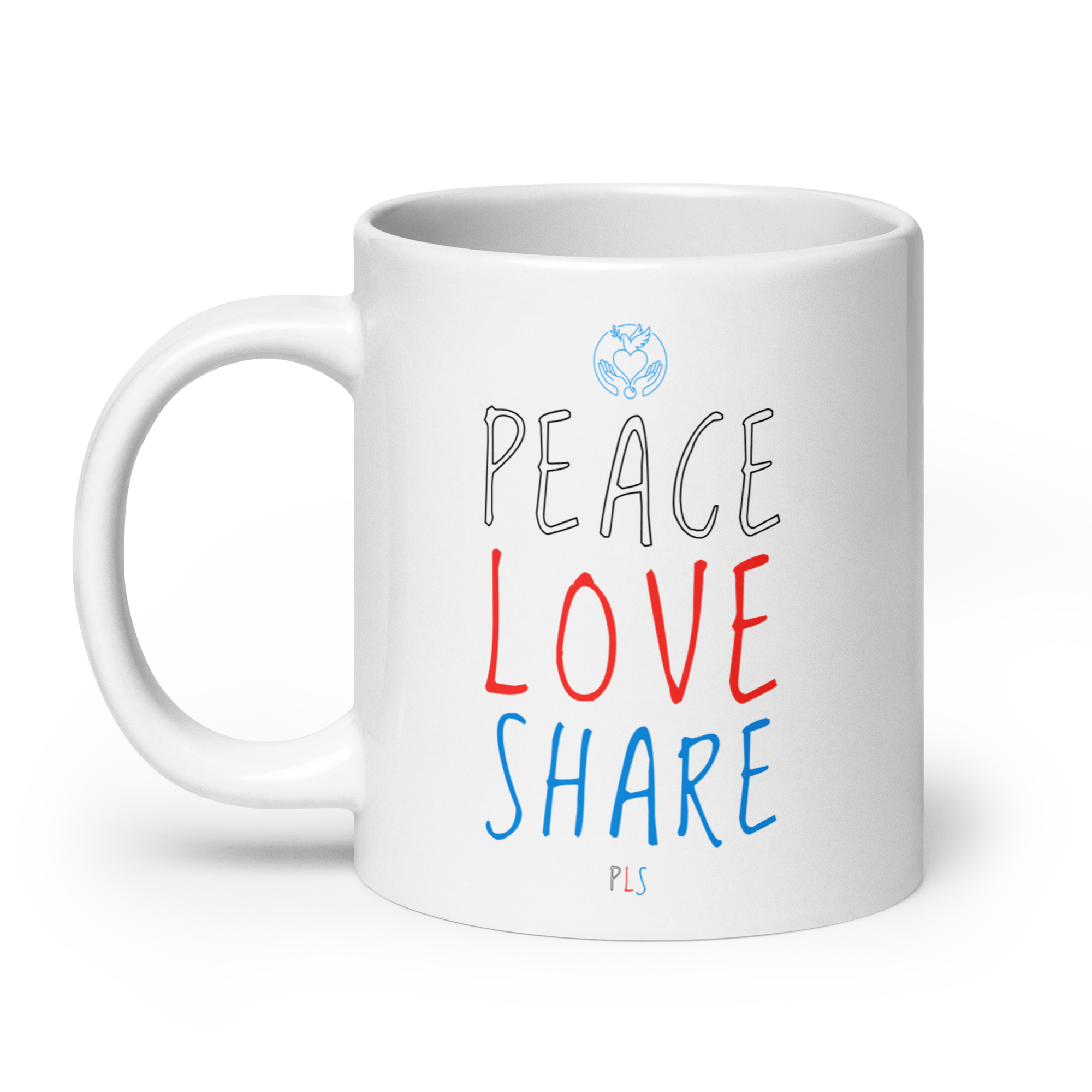 PLS. Peace, Love, Share. White glossy mug