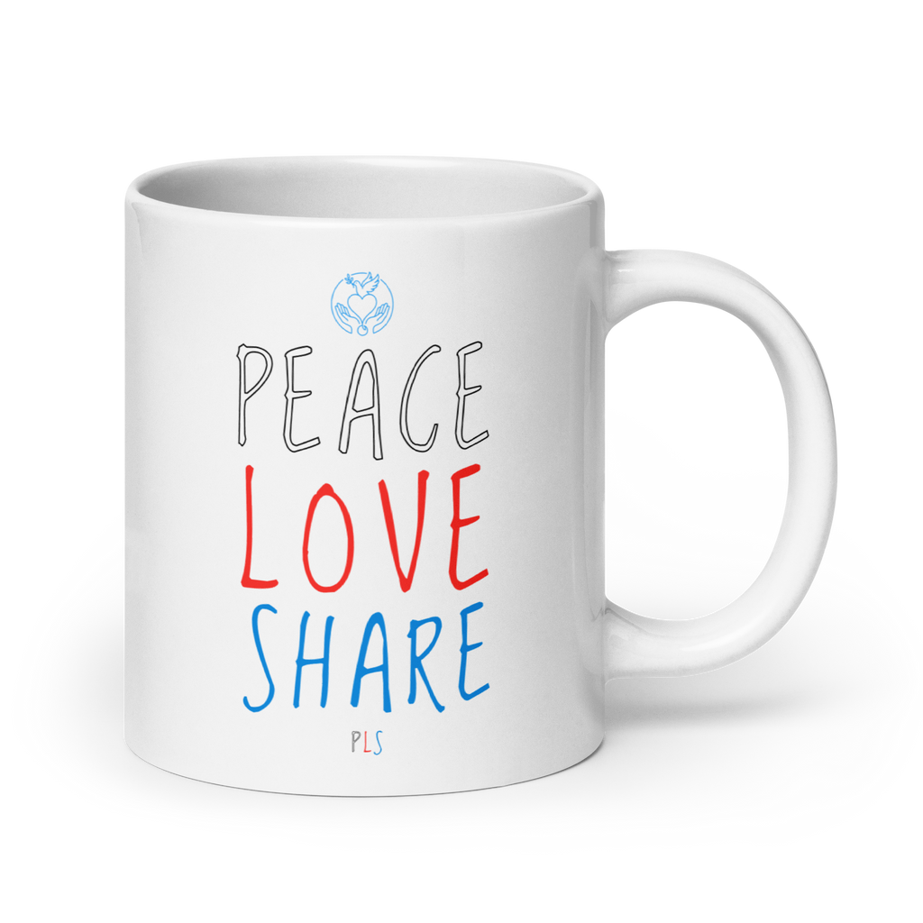 PLS. Peace, Love, Share. White glossy mug